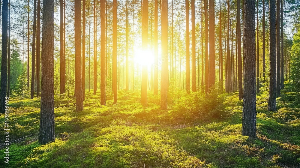Obraz premium Serene Sunlight Filtering Through Tall Pine Trees in Vibrant Forest