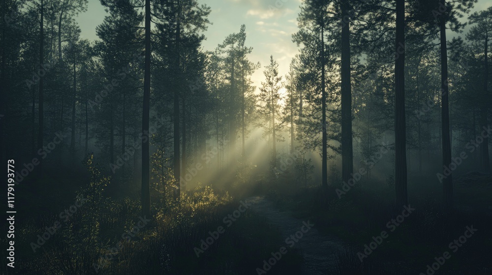Fototapeta premium Mysterious Forest with Fog and Sunlight Streaming Through Trees