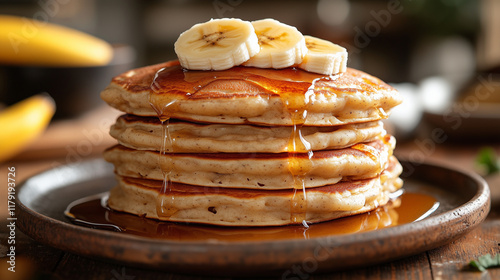 A Stack of Fluffy Banana Oatmeal Pancakes Topped with Sliced Bananas and Drizzled with Golden Syrup