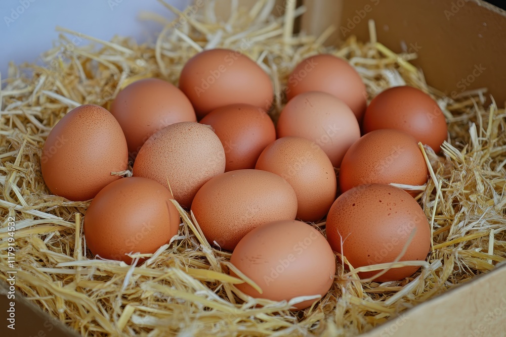 Fresh brown eggs in straw-lined box, rural setting, farm produce, food packaging Fresh brown eggs in straw-lined box, rural setting, farm produce, food packaging