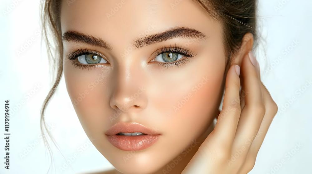 Young Woman Gently Touches Her Face Showcasing Flawless Skin and Natural Beauty