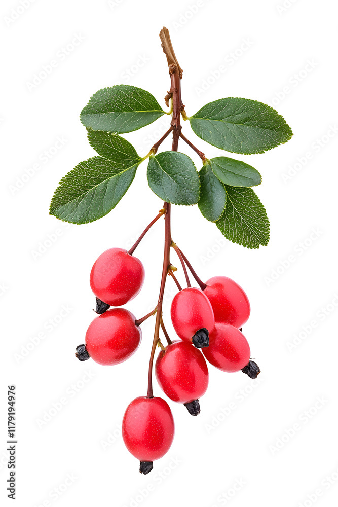 Fresh juicy organic barberry on branch with green leaves, isolated white background Fresh juicy organic barberry on branch with green leaves, isolated white background