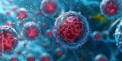 Microscopic Red Virus Cells with Spiky Membranes Floating in a Blue Scientific Environment  
