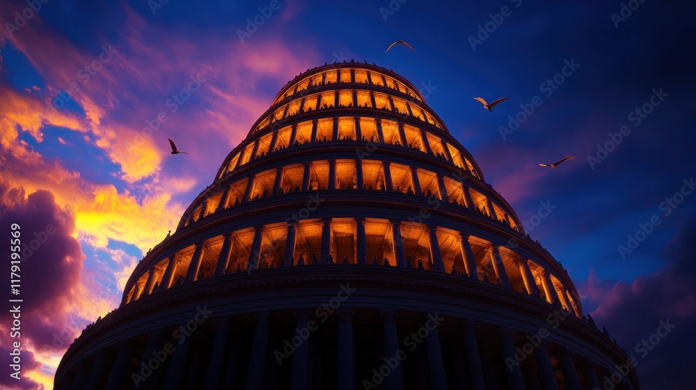 Obraz premium Majestic Ancient Tower at Sunset: A Breathtaking Architectural Marvel