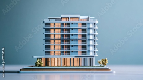 Close-up of a scale model of a residential building, symbolic depiction of architectural planning, isolated with a clean gradient background for artistic rendering. photo