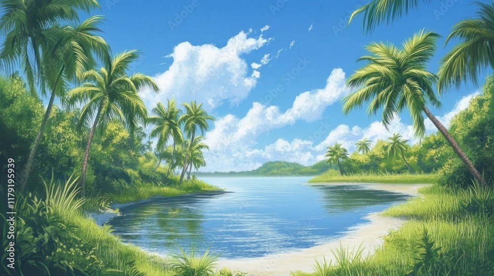 Idyllic tropical beach scene with palm trees, calm water, and blue sky. Idyllic tropical beach scene with palm trees, calm water, and blue sky.