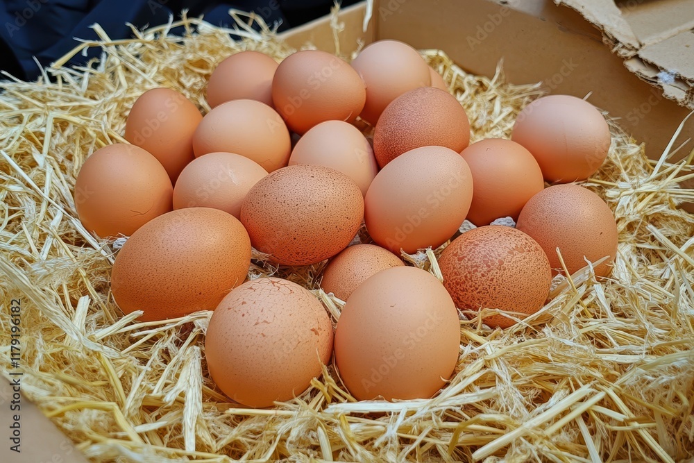 Fresh brown eggs in straw, cardboard box, market stall Fresh brown eggs in straw, cardboard box, market stall