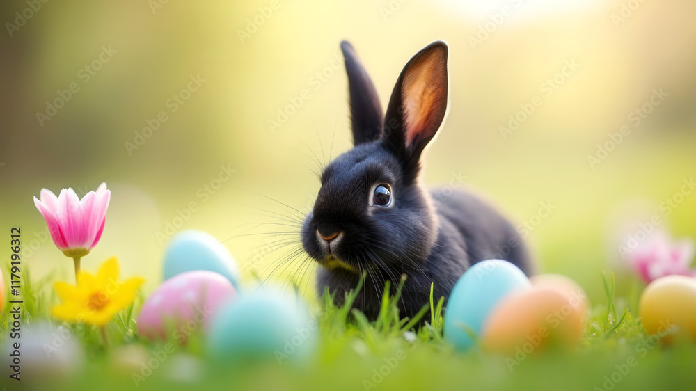 Fototapeta premium Cute easter bunny with eggs and flowers and copy space