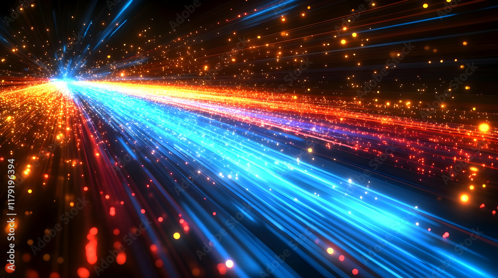 Naklejka premium Abstract Background with Glowing Lines and Particles Radiating Dynamically