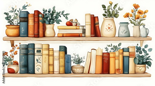 Wallpaper Mural Vintage Bookshelves Decorated with Plants and Vases create a Cozy Reading Nook Atmosphere Beautifully. Torontodigital.ca