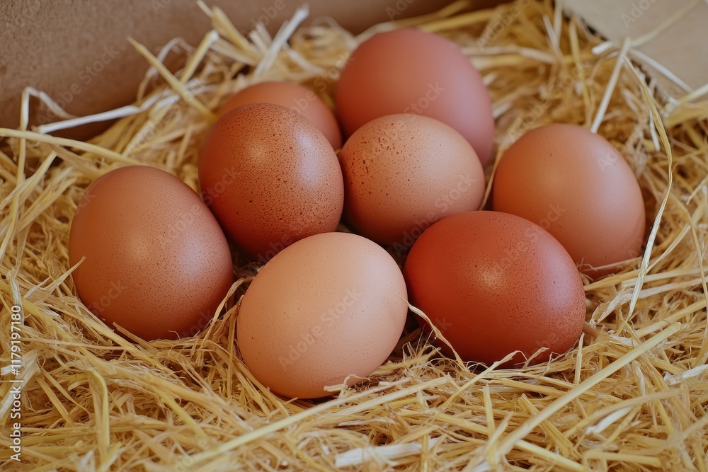 Brown eggs nestled in straw box, rustic setting, farm fresh Brown eggs nestled in straw box, rustic setting, farm fresh