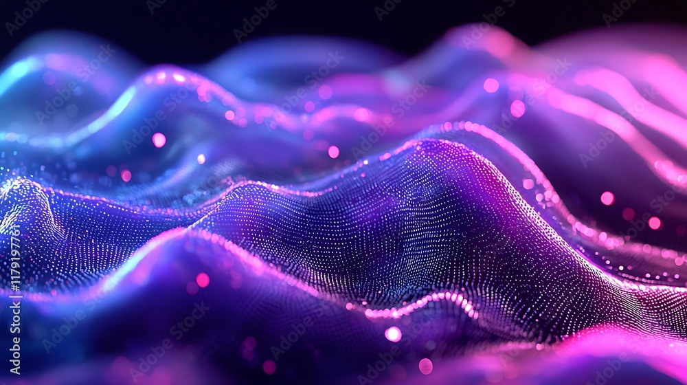 Obraz premium Abstract digital landscape, vibrant colors, glowing particles, night scene. Use Background, graphic design