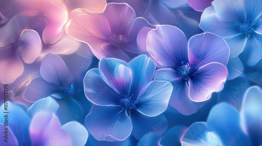 A glowing floral pattern of abstract purple and blue flowers seamlessly blending into a soft, magical background A glowing floral pattern of abstract purple and blue flowers seamlessly blending into a soft, magical background