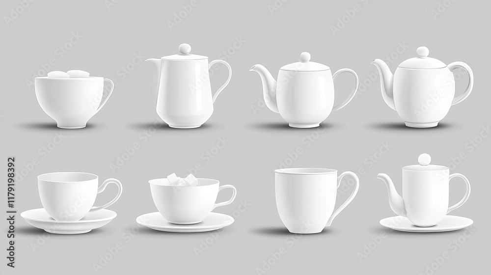 Tea or coffee set realistic vector design of hot beverage and drink white ceramic cups and pots. 3d porcelain teapots, mugs, kettle and saucers, sugar bowls, creamer pitcher and sugar cubes Tea or coffee set realistic vector design of hot beverage and drink white ceramic cups and pots. 3d porcelain teapots, mugs, kettle and saucers, sugar bowls, creamer pitcher and sugar cubes