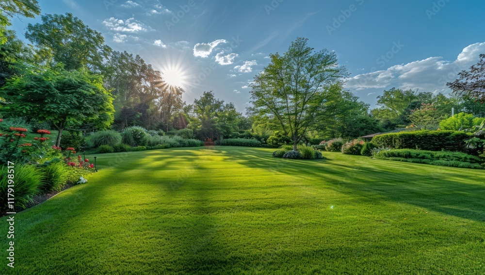 Fototapeta premium Serene Garden Landscape: A Picturesque View of Lush Greenery Under a Sunny Sky