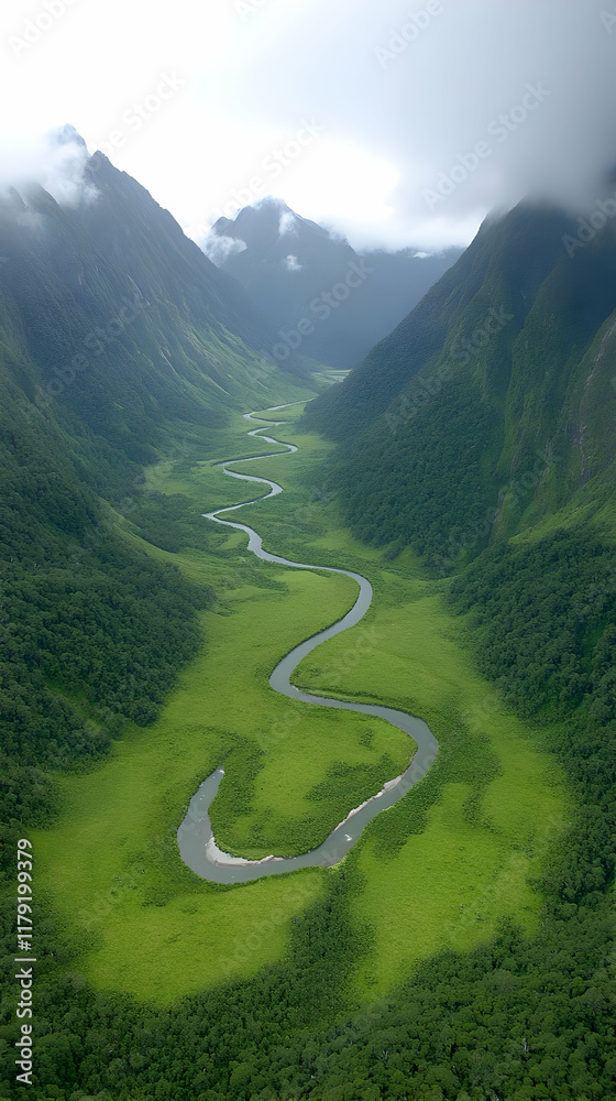 Aerial View Serpentine River Valley Illustration Aerial View Serpentine River Valley Illustration