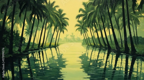 Calm backwater, palm trees reflected in still water.