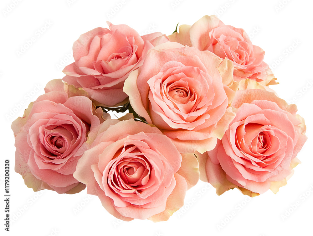 Close-up of pink roses bouquet with delicate petals and green leaves on transparent background. PNG image Close-up of pink roses bouquet with delicate petals and green leaves on transparent background. PNG image