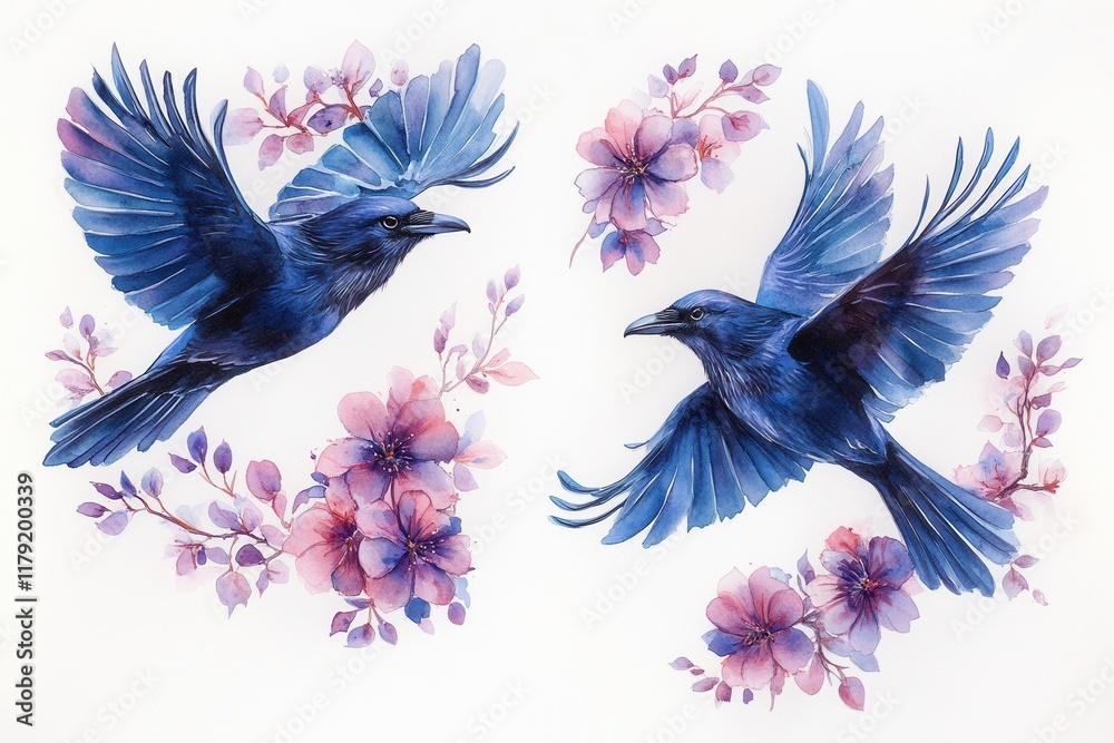 Obraz premium Two blue birds with wings spread, surrounded by pink flowers in a decorative design.