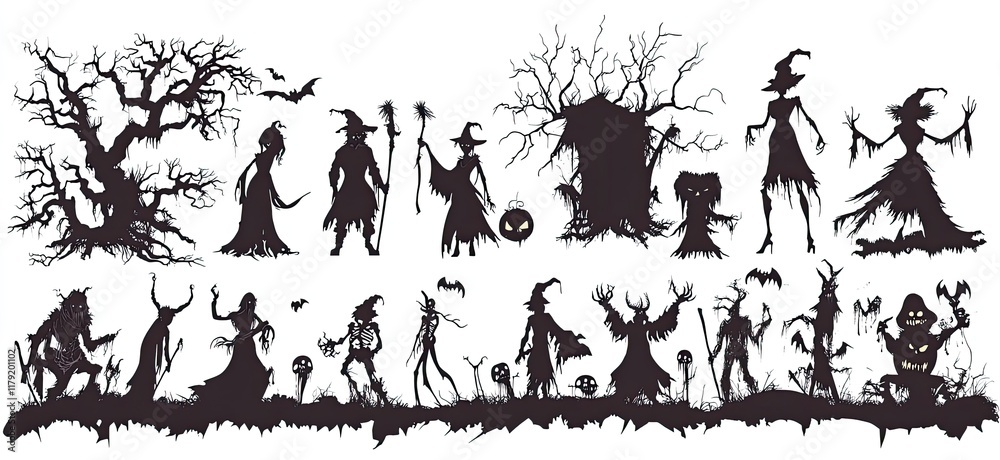 Halloween vector elements, a collection of black silhouettes on a white background. Vector graphics for design and illustration. Spooky, high-detail character illustrations Halloween vector elements, a collection of black silhouettes on a white background. Vector graphics for design and illustration. Spooky, high-detail character illustrations