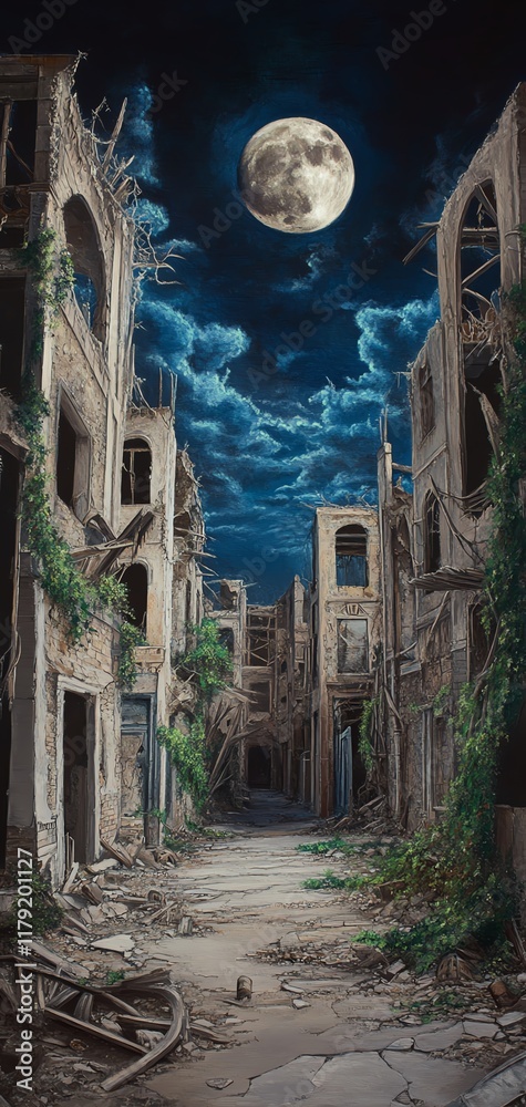 Eerie, moonlit alleyway in a ruined city. Decaying buildings, overgrown with vegetation, create a haunting atmosphere. Eerie, moonlit alleyway in a ruined city. Decaying buildings, overgrown with vegetation, create a haunting atmosphere.