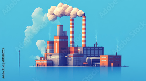 Natural gas processing icon with  silhouette of industrial factory, flue gas stack chimney and flare stack with blue flame