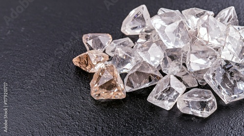 Pile of sparkling, clear and champagne colored uncut diamonds on dark background.