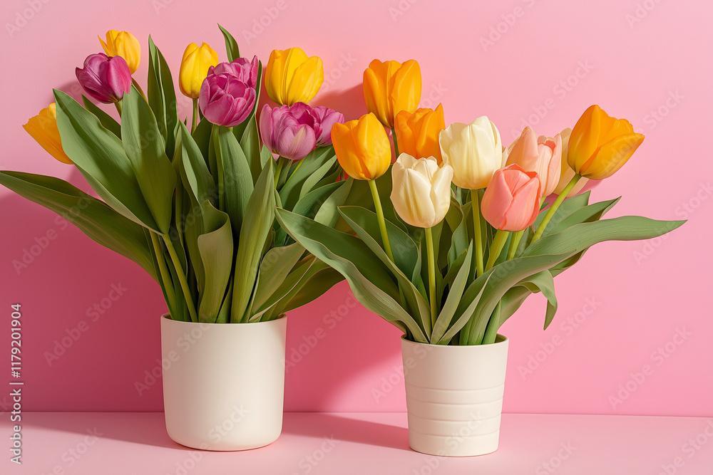 Fototapeta premium Two vases of flowers, one white and one pink, sit on a pink background