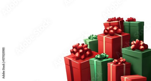 Stack of red and green gift boxes with bows isolated on transparent background. PNG image photo