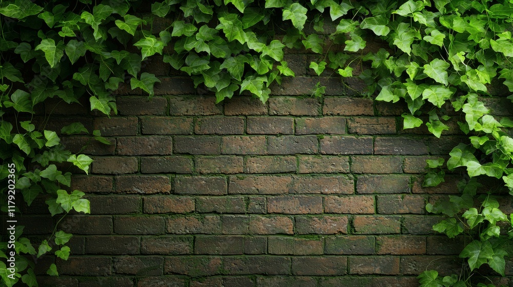 Lush green ivy climbing a rustic brown brick wall. Lush green ivy climbing a rustic brown brick wall.