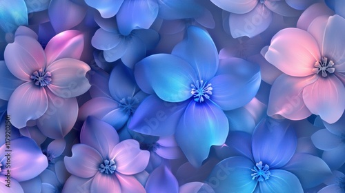 A seamless abstract design with magical blue and purple flowers glowing softly against a textured backdrop