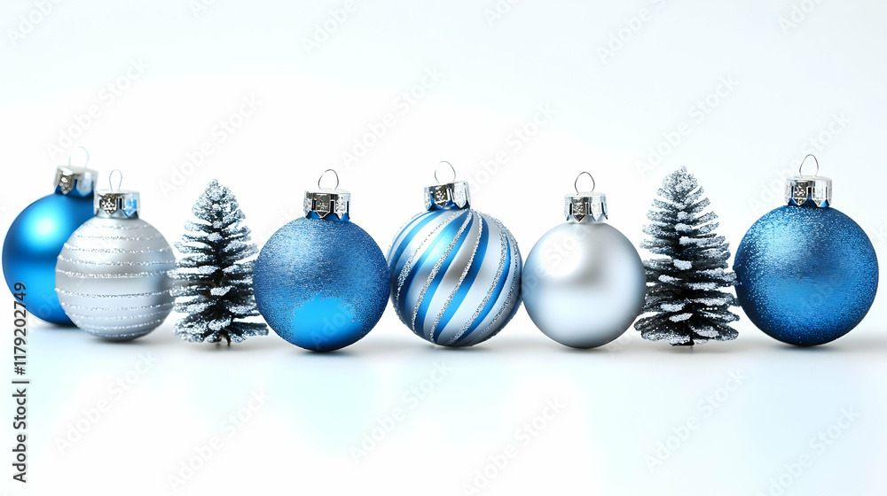 Blue and Silver Christmas Ornaments and Miniature Frosted Pine Trees Aligned on a White Background Blue and Silver Christmas Ornaments and Miniature Frosted Pine Trees Aligned on a White Background
