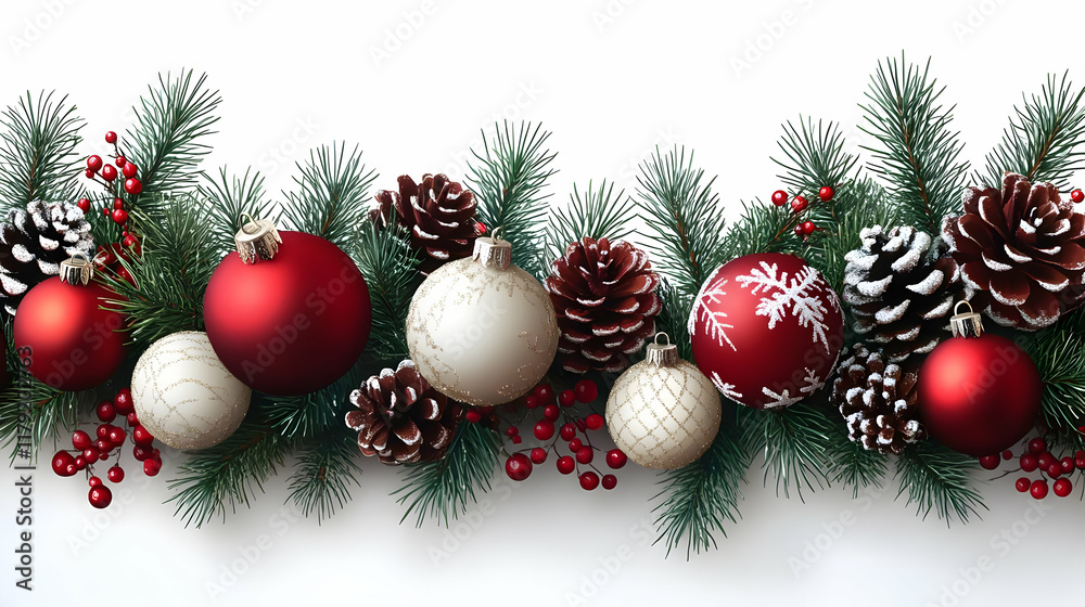 Christmas Border of Fir Branches Decorated with Ornaments, Pine Cones, and Red Berries Creates Festive Cheer Christmas Border of Fir Branches Decorated with Ornaments, Pine Cones, and Red Berries Creates Festive Cheer