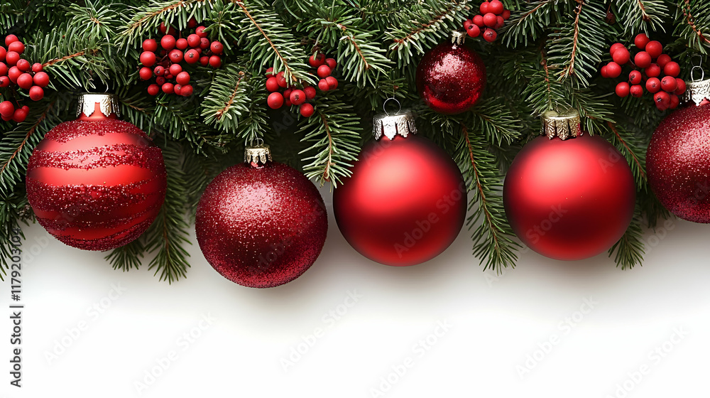 Red Christmas Ornaments Decorate a Festive Evergreen Garland on a White Background Red Christmas Ornaments Decorate a Festive Evergreen Garland on a White Background