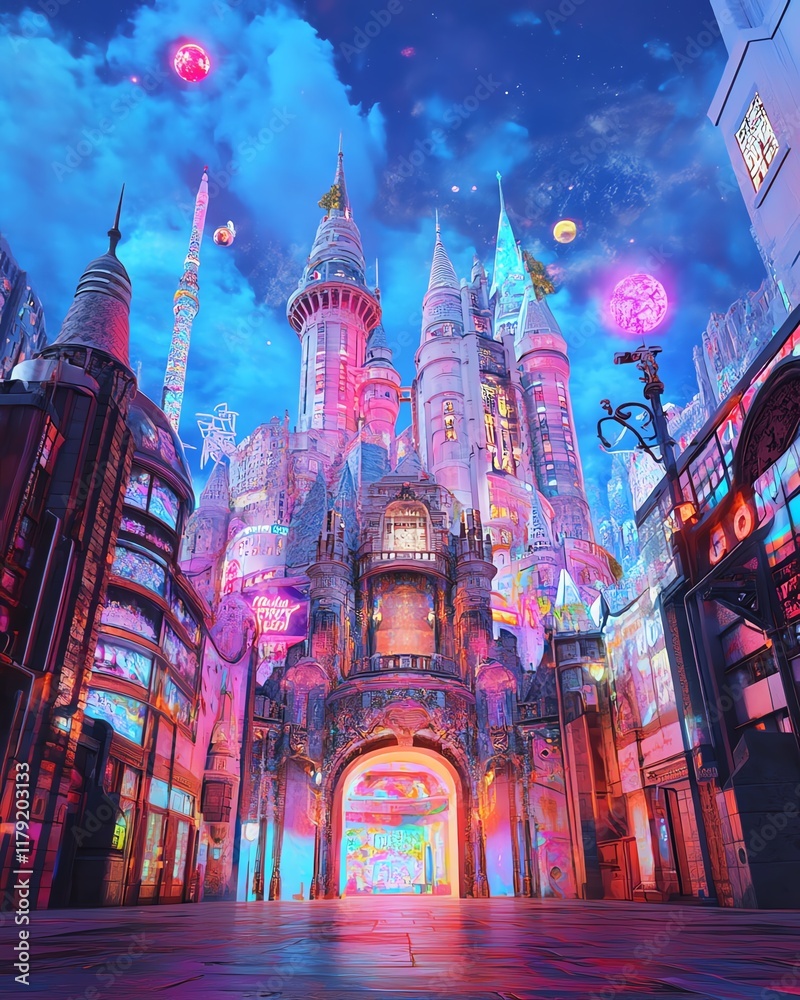 Obraz premium A vibrant, fantastical castle town at night, illuminated by colorful lights and a full moon. A magical, dreamlike scene perfect for fantasy or fairytale themes.