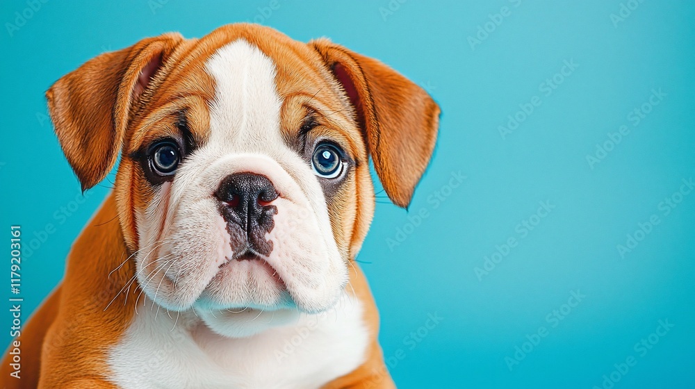Fototapeta premium Adorable Bulldog puppy against blue background.