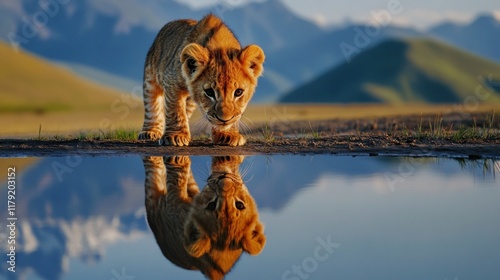 Lion cub looking the reflection of an adult lion in the water on a background of mountains