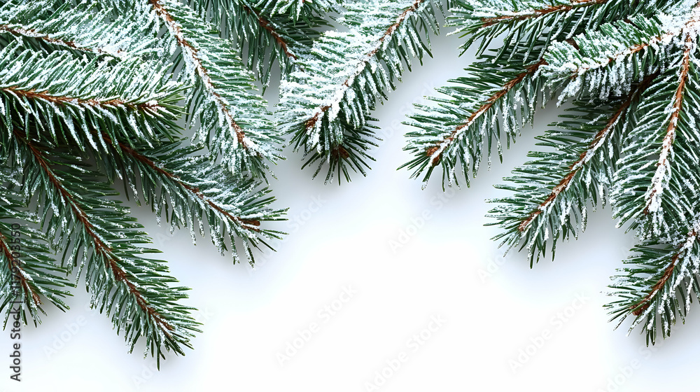 Snow-Dusted Pine Branches Create a Festive Frame on a White Background for Winter Celebrations Snow-Dusted Pine Branches Create a Festive Frame on a White Background for Winter Celebrations