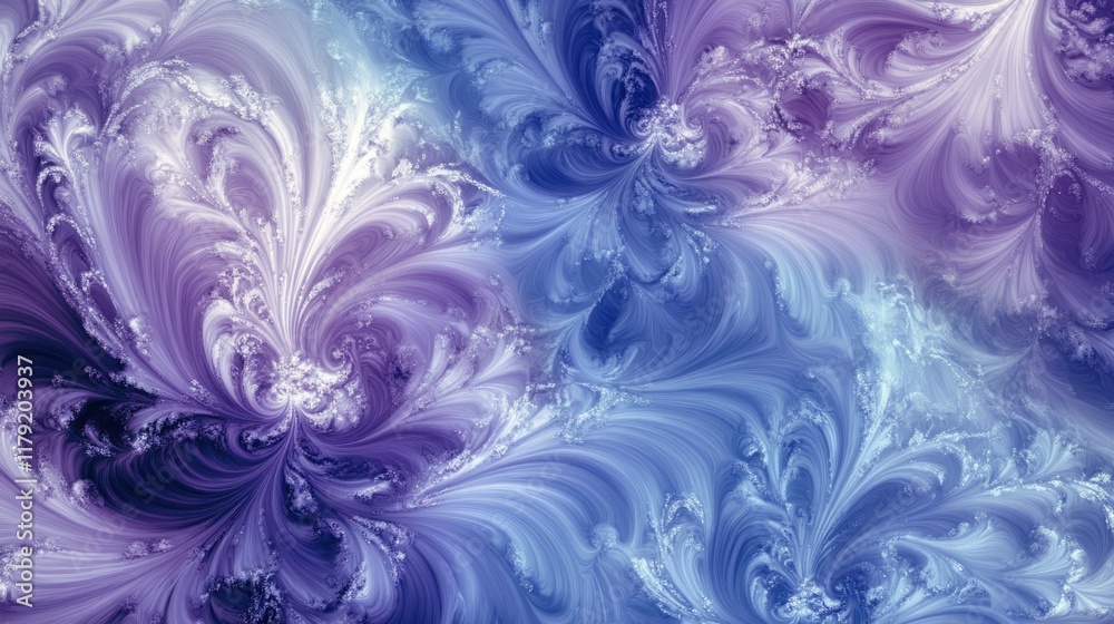 A seamless background featuring radiant purple and blue flowers with ethereal patterns and delicate swirls A seamless background featuring radiant purple and blue flowers with ethereal patterns and delicate swirls