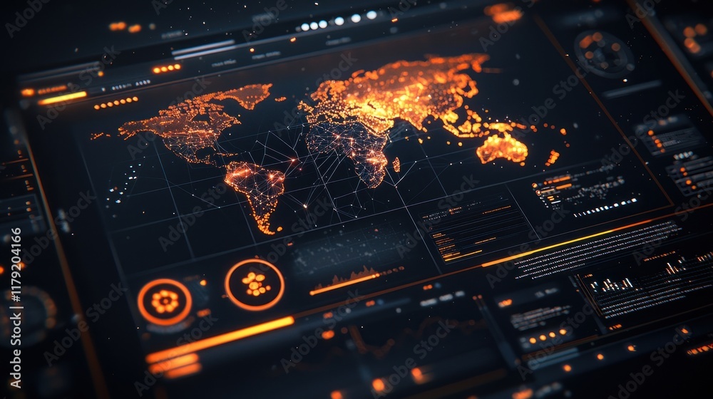 Obraz premium Global Network Visualization: A Futuristic Digital World Map Display