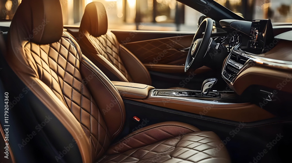 Fototapeta premium Luxurious Car Interior Showcases Quilted Leather Seats and Modern Dashboard with Sunlight