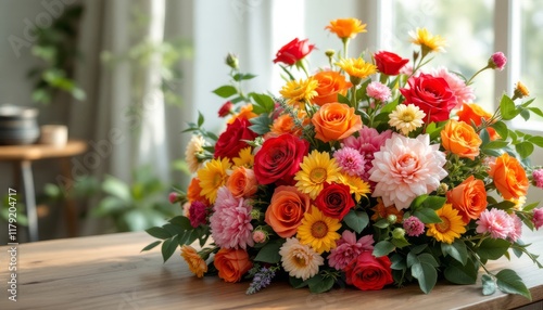 Vibrant bouquet of roses, dahlias, and gerberas sitting on a wooden table by a window