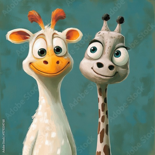 Two Cartoon Giraffes Side By Side Smiling