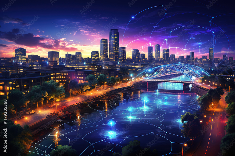 Fototapeta premium Superb Data theme hologram drawing on city view with skyscrapers