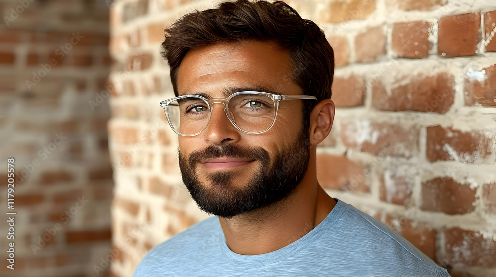 Portrait of a Confident Man Smiling Gently Against Brick Wall Background Portrait of a Confident Man Smiling Gently Against Brick Wall Background