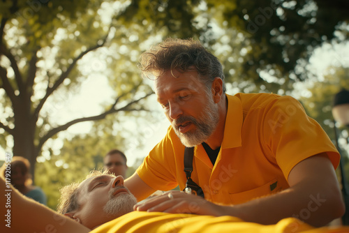 Paramedic administers CPR to a middle aged man outdoors in a public area during the day photo