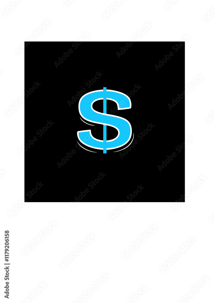 Income icon, modern currency symbol, in blue color, on black background, copy space Income icon, modern currency symbol, in blue color, on black background, copy space