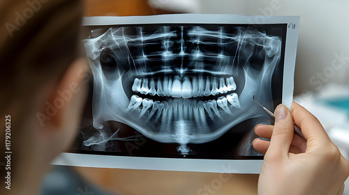 Dentist examines a dental x-ray of teeth and jaw for diagnosis and treatment planning accurately.