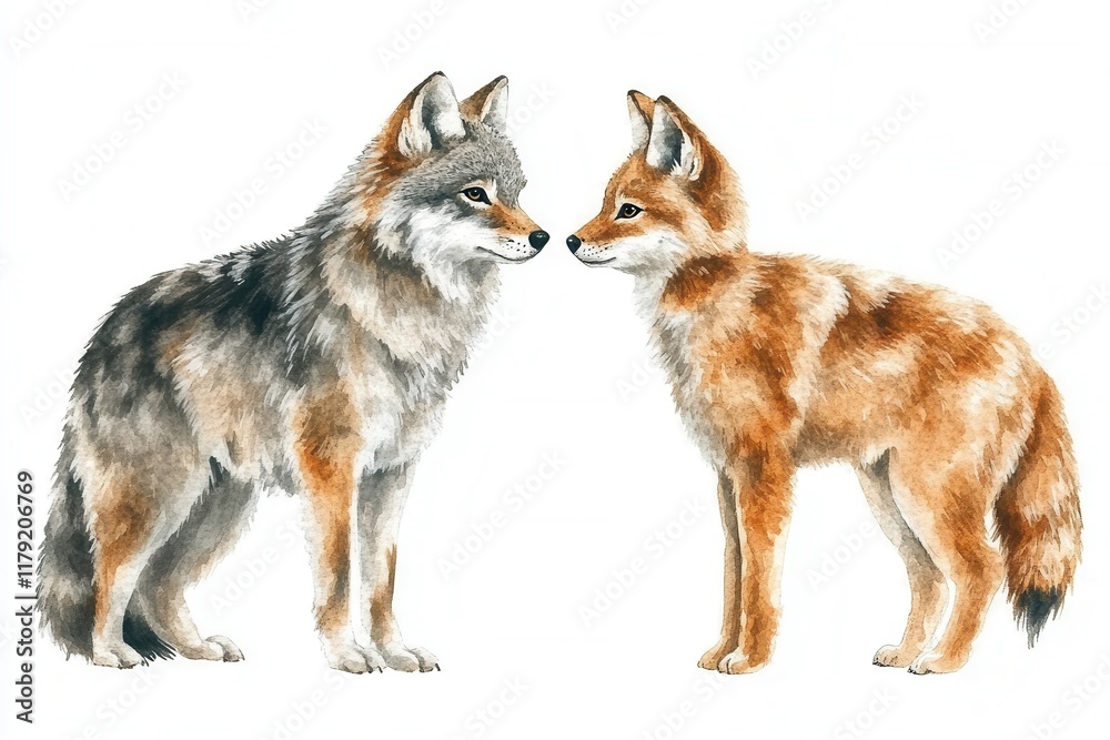 Two illustrated coyotes facing each other, showcasing distinct fur patterns and colors. Two illustrated coyotes facing each other, showcasing distinct fur patterns and colors.