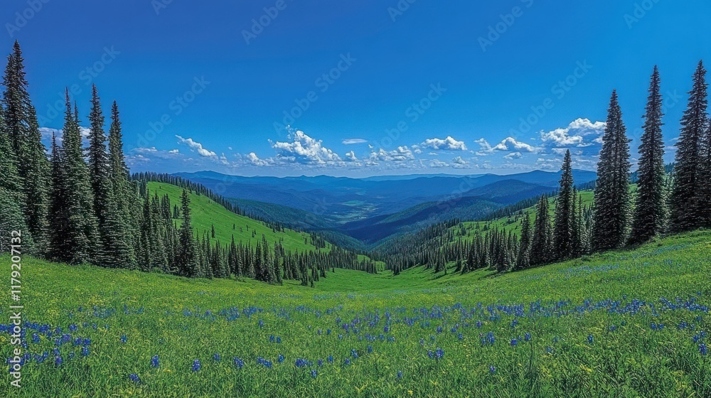 Fototapeta premium A serene landscape featuring lush green hills, vibrant wildflowers, and a clear blue sky.
